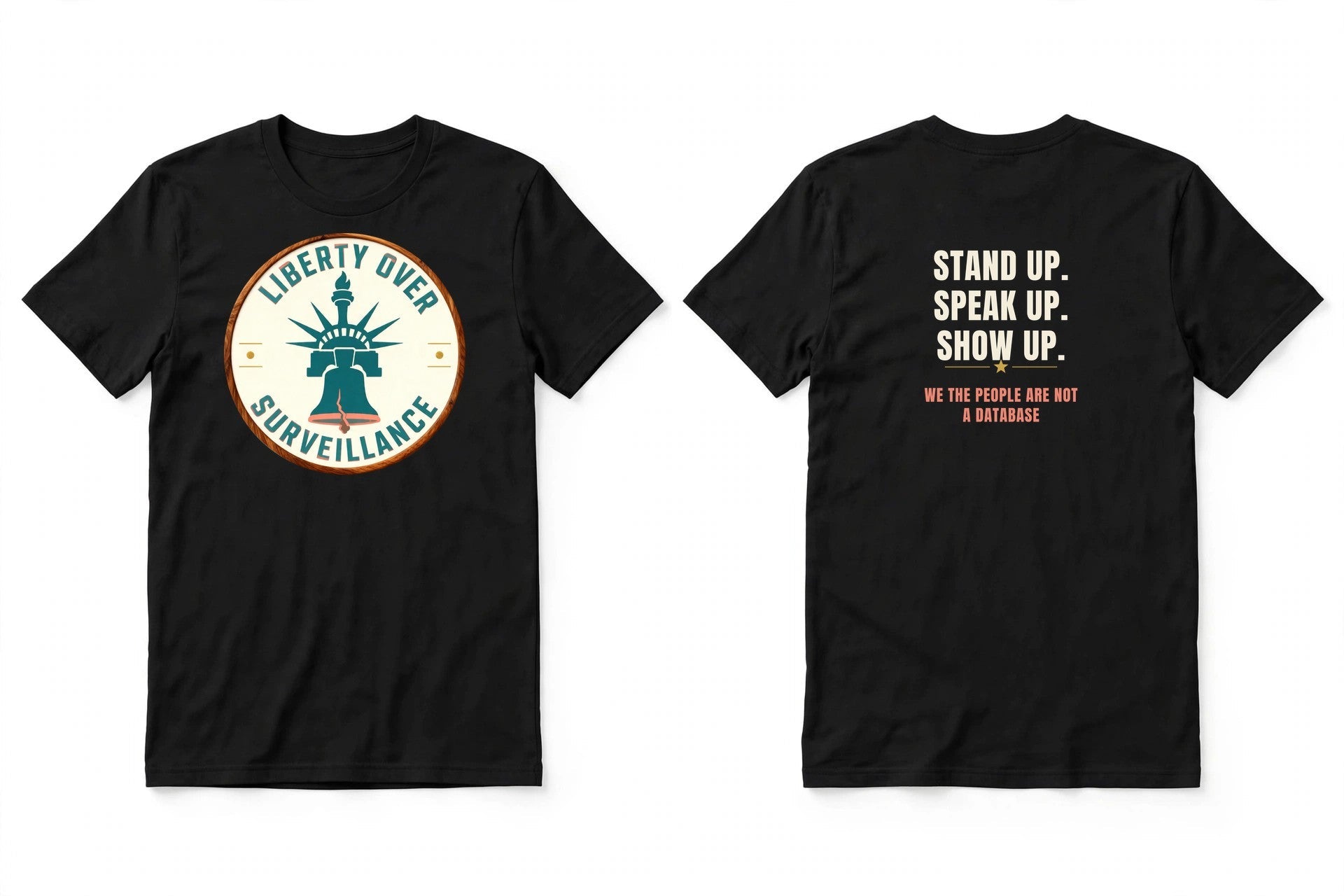 Liberty Over Surveillance badge tee, front and back